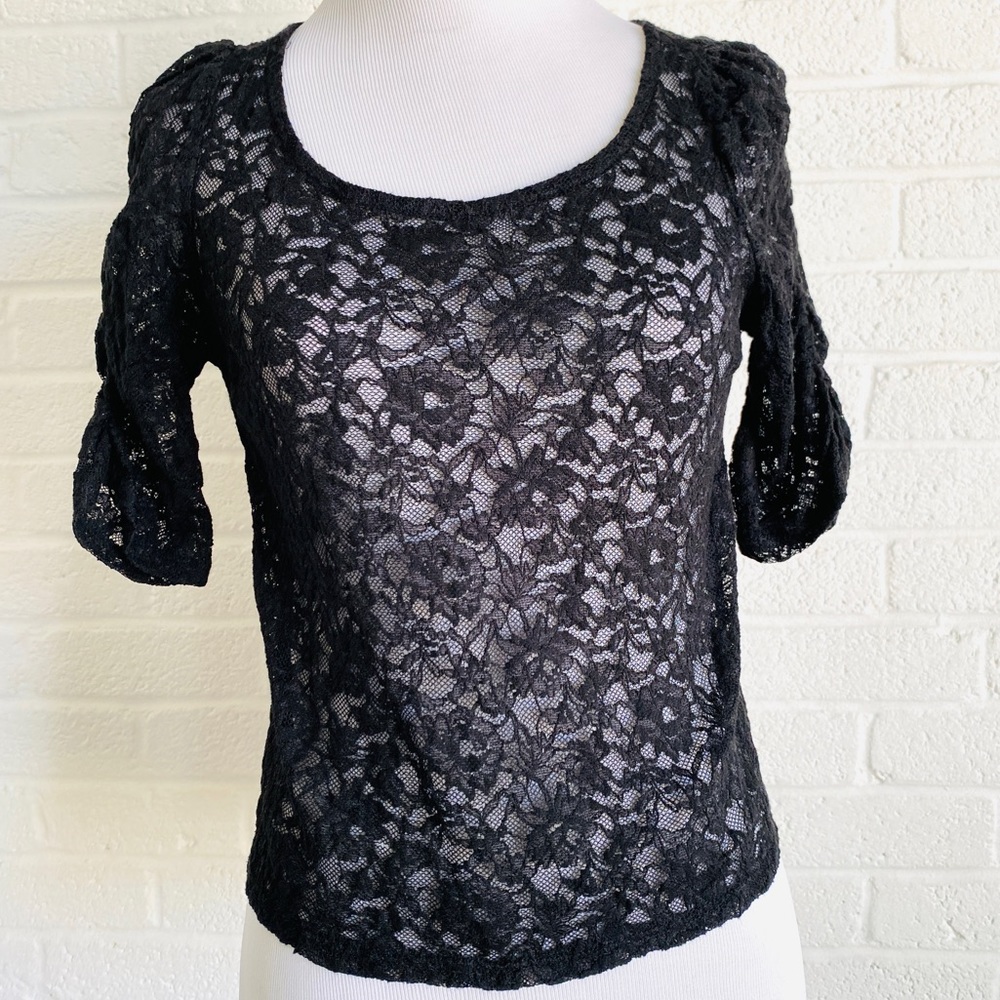 VINTAGE Y2K FOREVER 21 BLACK SHEER LACE TOP BLOUSE SMALL PARTY GOTH